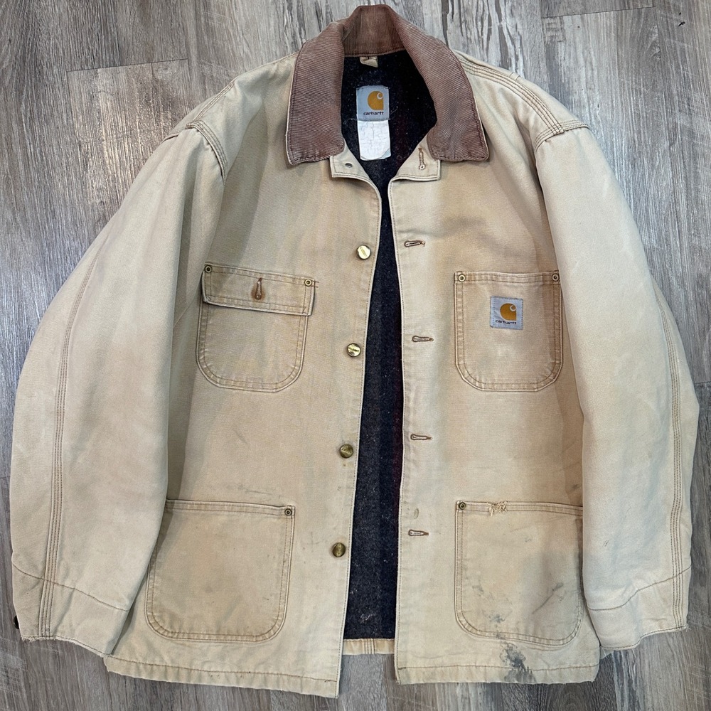 Vintage Carhartt Chore Coat Tan Canvas Blanket Lined Distressed Barn Men Large